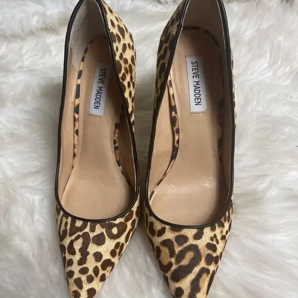Steve Madden Dasie leather Calf hair leopard print slip on heels 10M - Picture 6 of 11